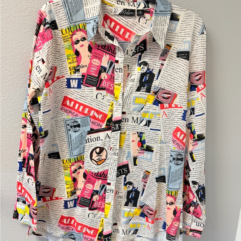 New York & Company Multi-Color Newspaper Collage Button-Down Shirt‎